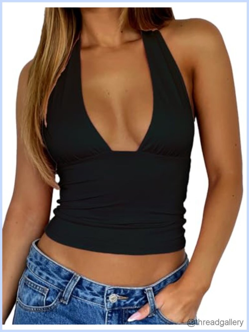 Double Lined Nylon Backless Halter Deep V Neck Crop Tank Top